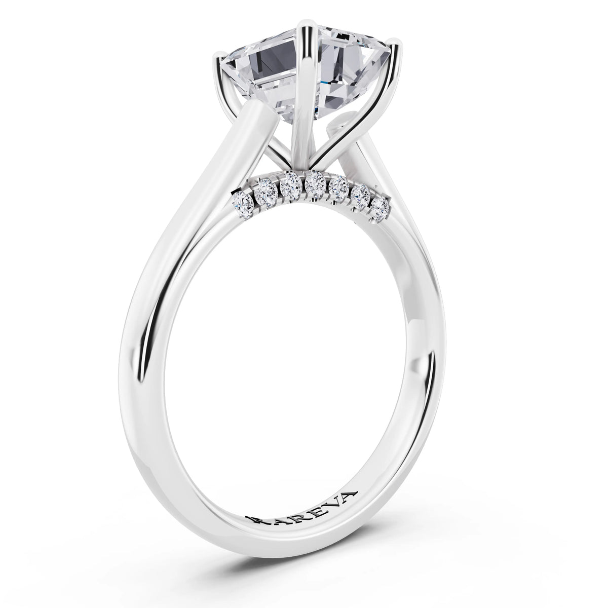 14 KT White Gold Emerald Cut Diamond Solitaire Ring with Hidden Accent - top view