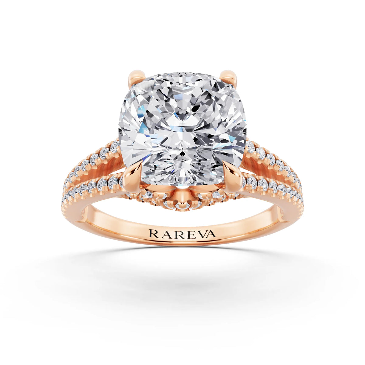 18 KT Rose Gold Cushion Cut Diamond Ring with Pavé Split Shank - front view
