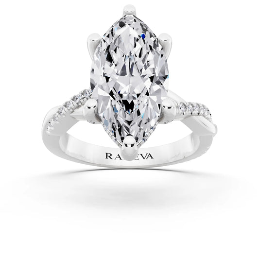 14 KT White Gold Marquise Cut Diamond Hidden Halo Ring with Twisted Pave Band - front view