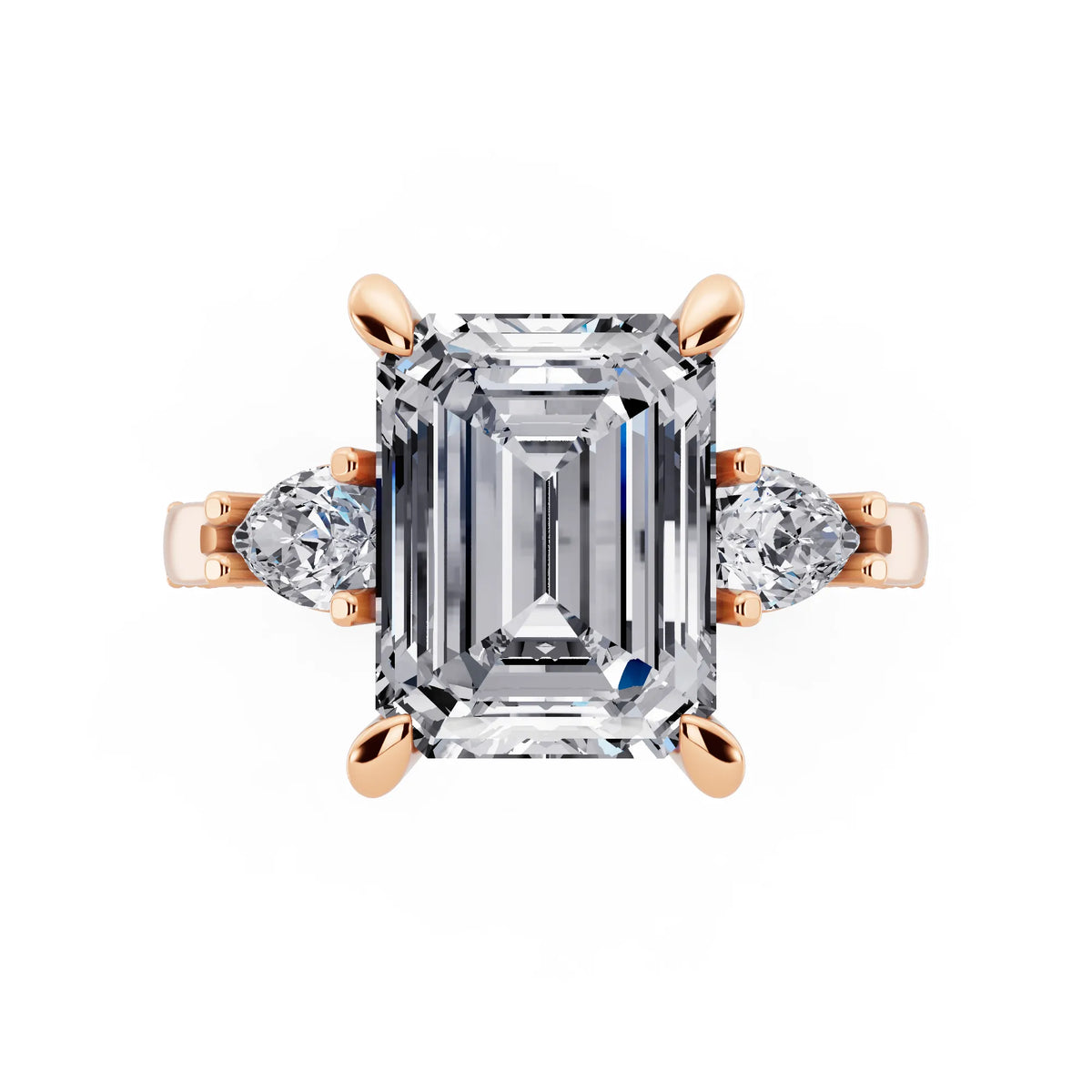 18 KT Rose Gold Emerald Cut Diamond Three Stone Pear Accent Vintage Pave Ring - top angle