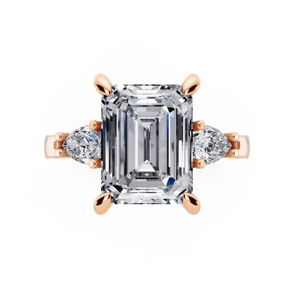 18 KT Rose Gold Emerald Cut Diamond Three Stone Pear Accent Vintage Pave Ring - top angle