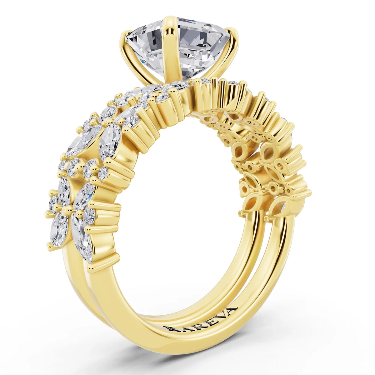 14 KT Yellow Gold Asscher Cut Diamond Ring with Marquise Cluster Band - top view
