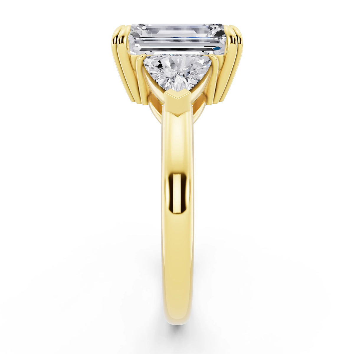 18 KT Yellow Gold Emerald Cut Diamond Three Stone Ring with Trillion Accents - side view
