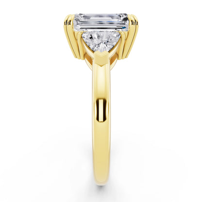 18 KT Yellow Gold Emerald Cut Diamond Three Stone Ring with Trillion Accents - side view