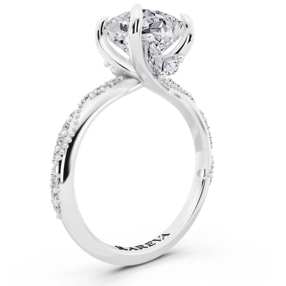 18 KT White Gold Cushion Cut Diamond Ring with Marquise Accent - top view