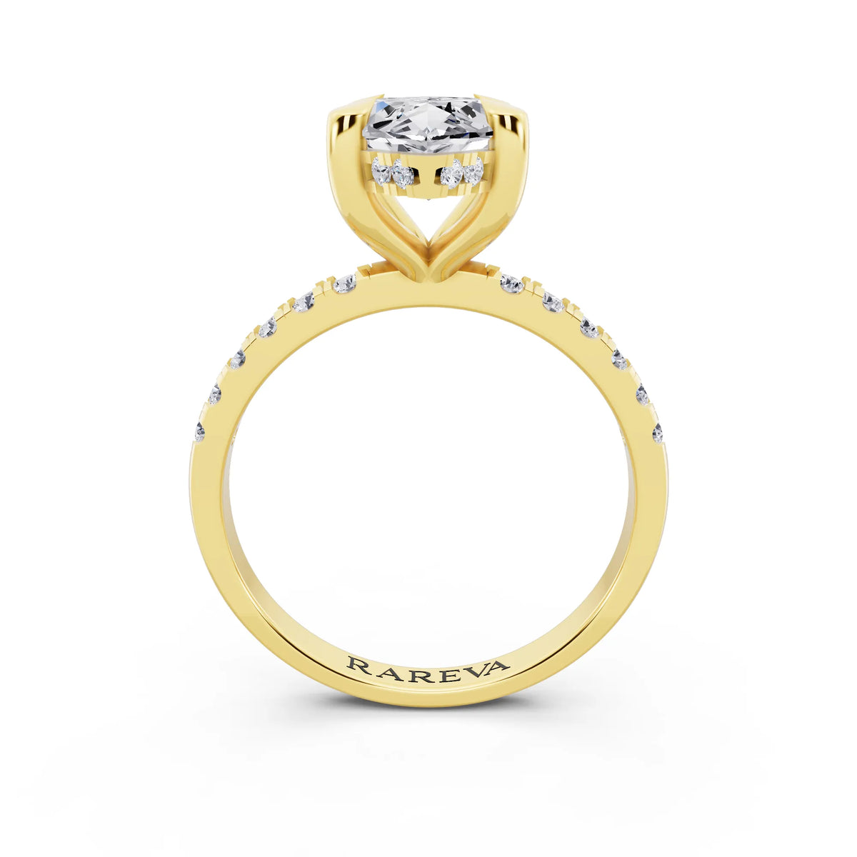 18 KT Yellow Gold Marquise Cut Diamond Solitaire Ring with Round Pavé Band and Prong Setting - through finger