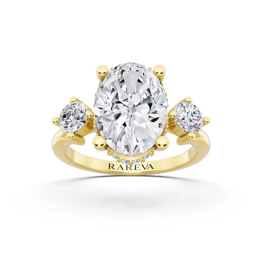 18 KT Yellow Gold Oval Cut Diamond Three Stone Engagement Ring with Hidden Halo - front view