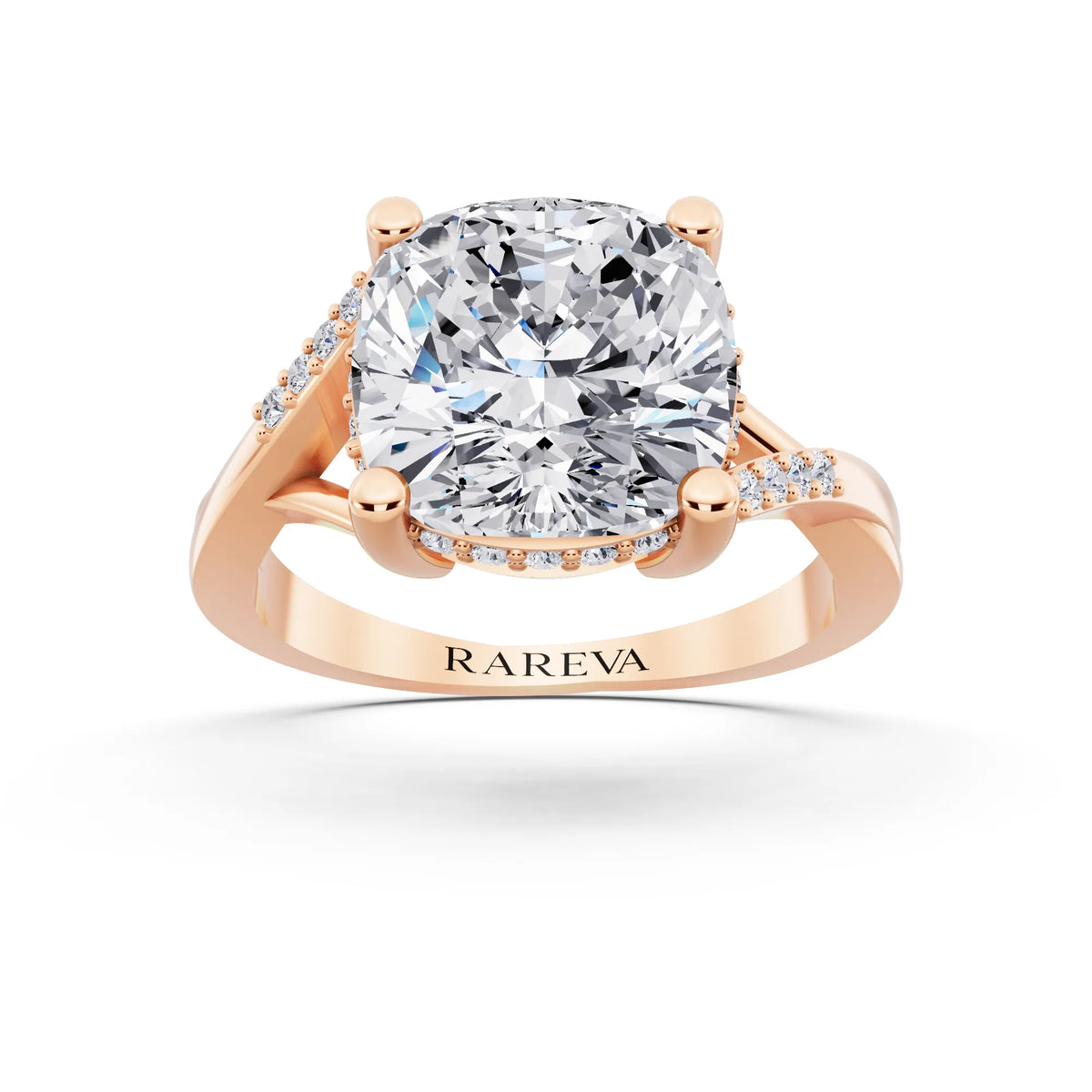 14 KT Rose Gold Cushion Cut Diamond Split Shank Engagement Ring with Hidden Halo - front view