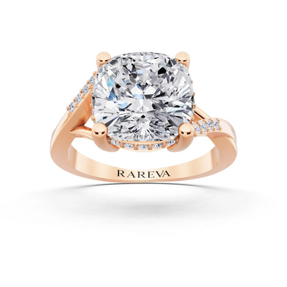 14 KT Rose Gold Cushion Cut Diamond Split Shank Engagement Ring with Hidden Halo - front view
