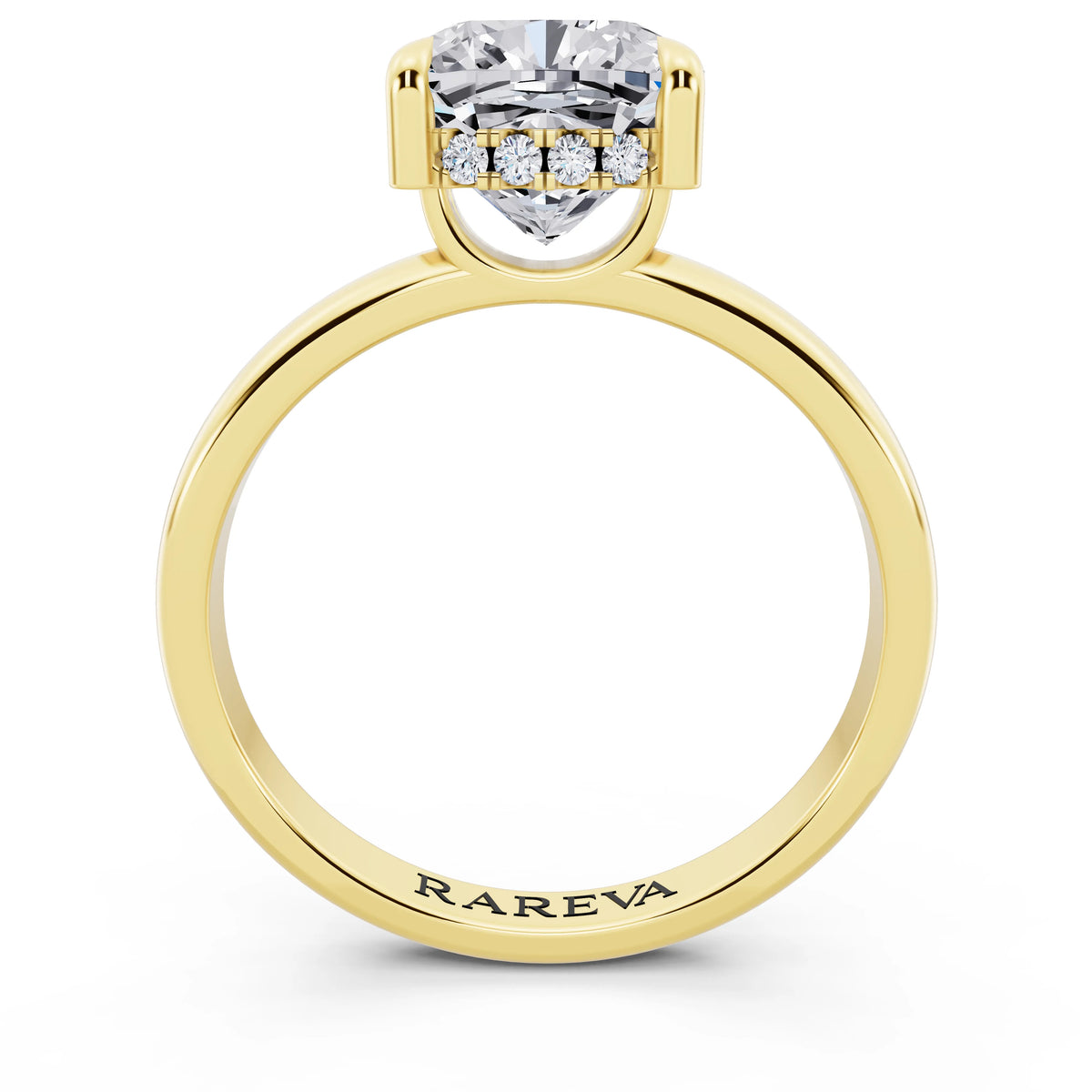 14 KT Yellow Gold Cushion Cut Diamond Solitaire Ring with Hidden Halo - through finger