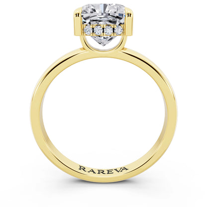 14 KT Yellow Gold Cushion Cut Diamond Solitaire Ring with Hidden Halo - through finger