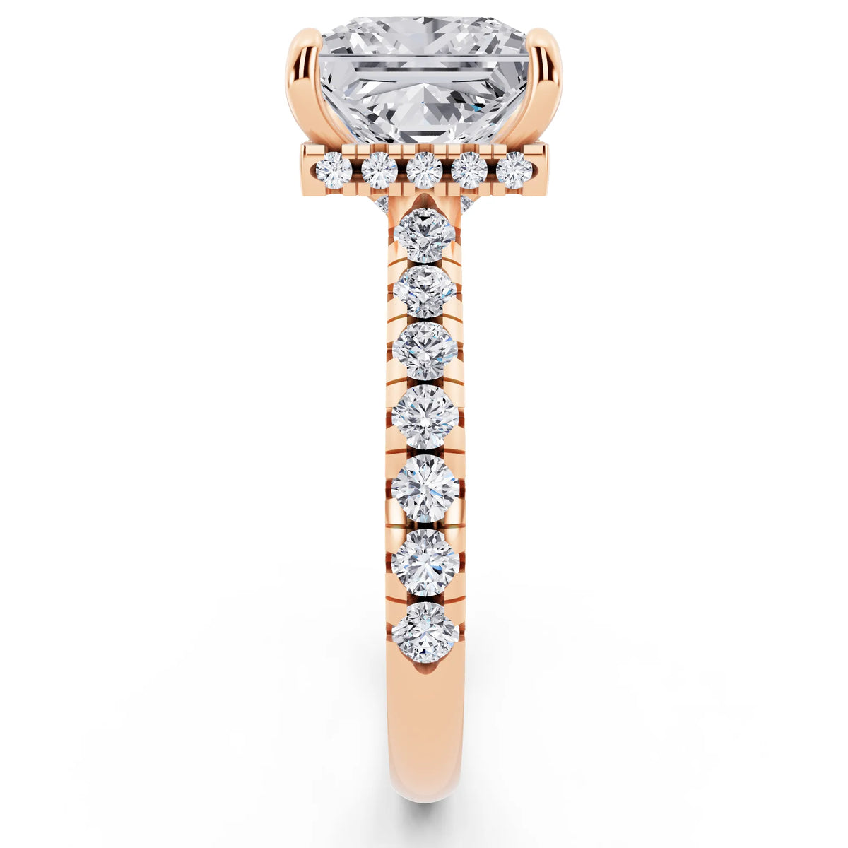 18 KT Rose Gold Princess Cut Diamond Ring with Hidden Halo - side view