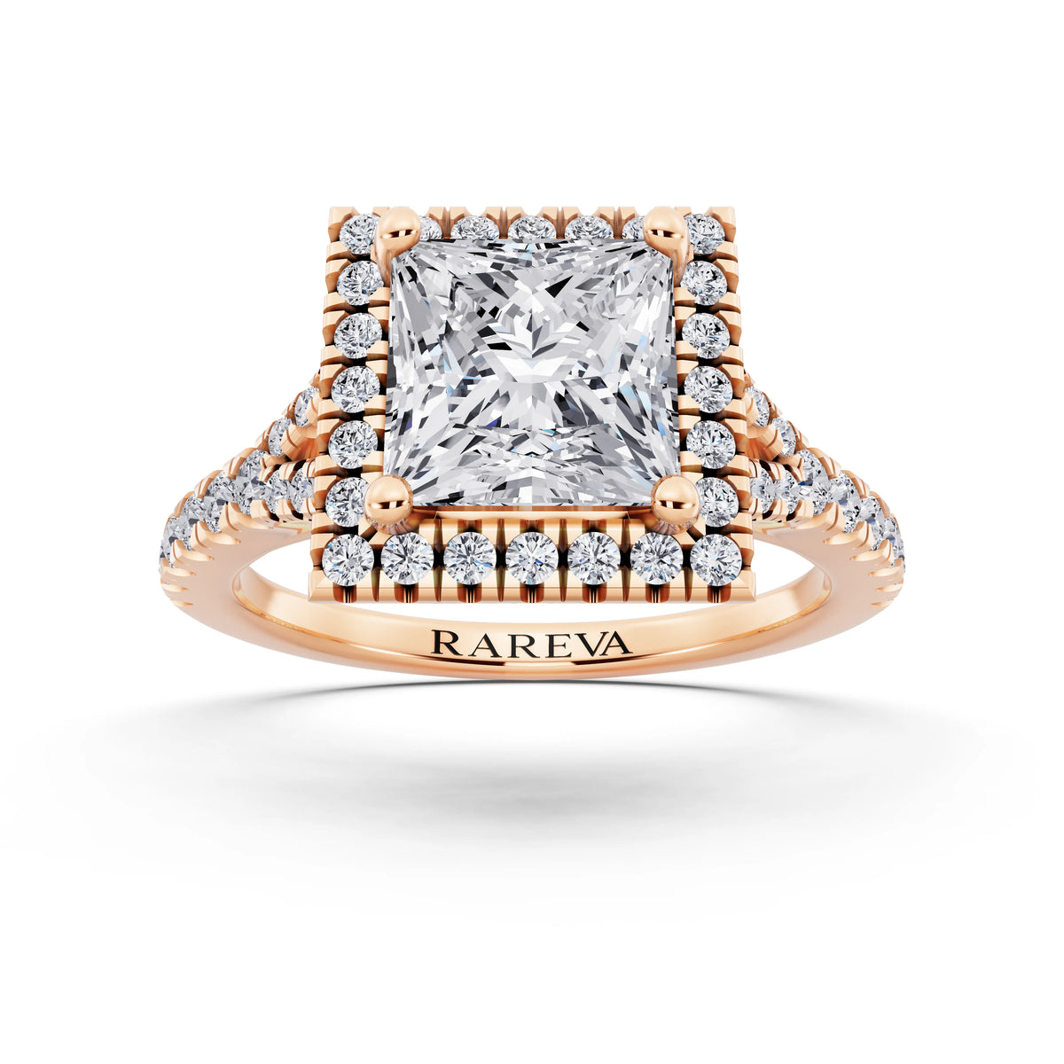 14 KT Rose Gold Princess Cut Diamond Halo Ring with Split Shank - front view