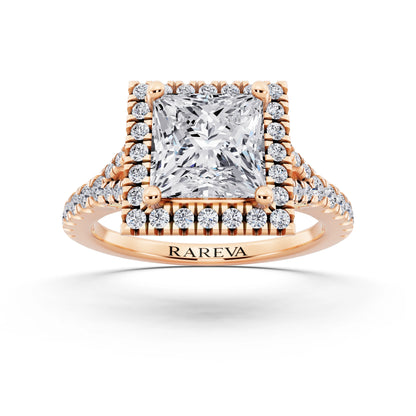 14 KT Rose Gold Princess Cut Diamond Halo Ring with Split Shank - front view