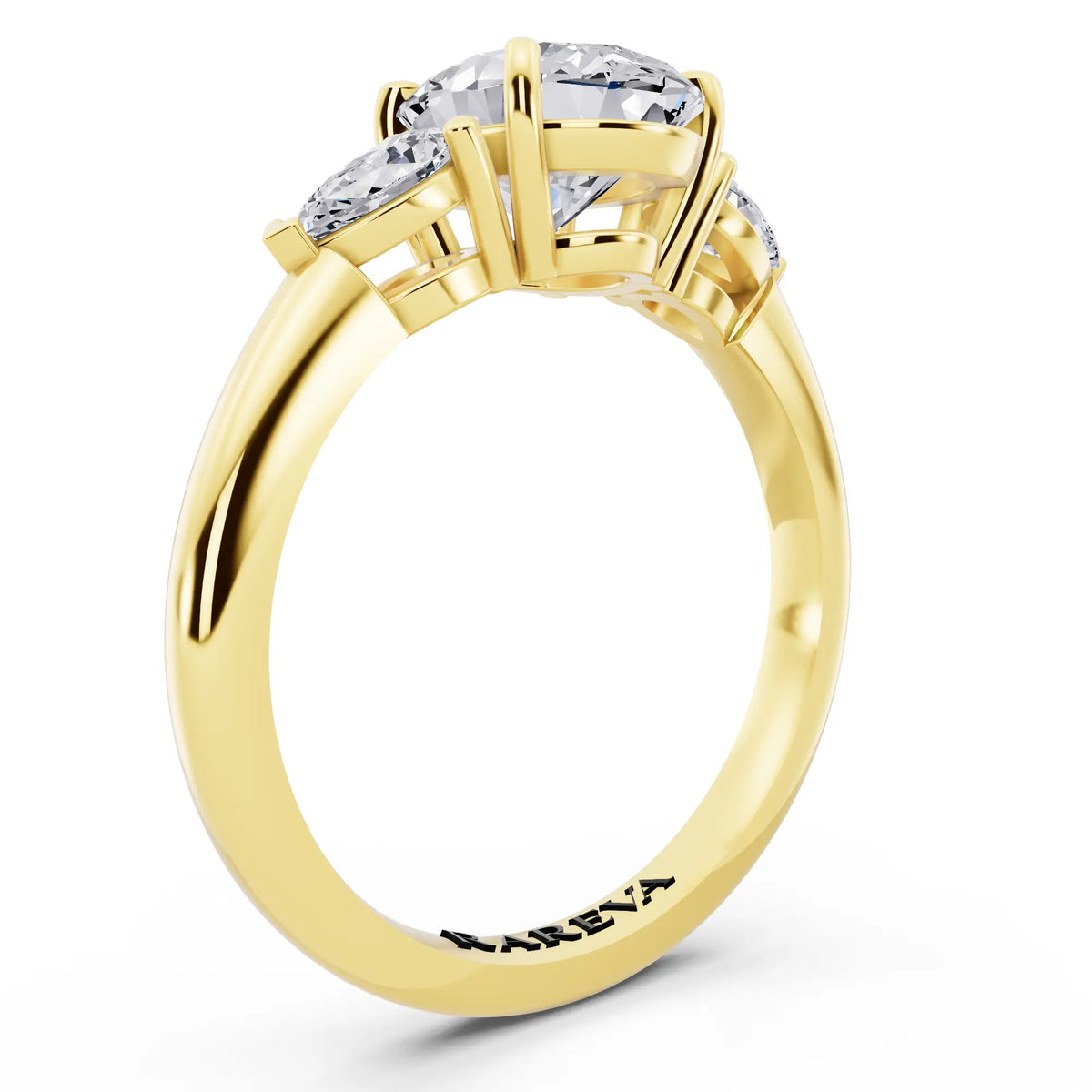 18 KT Yellow Gold Oval Cut Diamond Three Stone Pear Accent Ring - top view