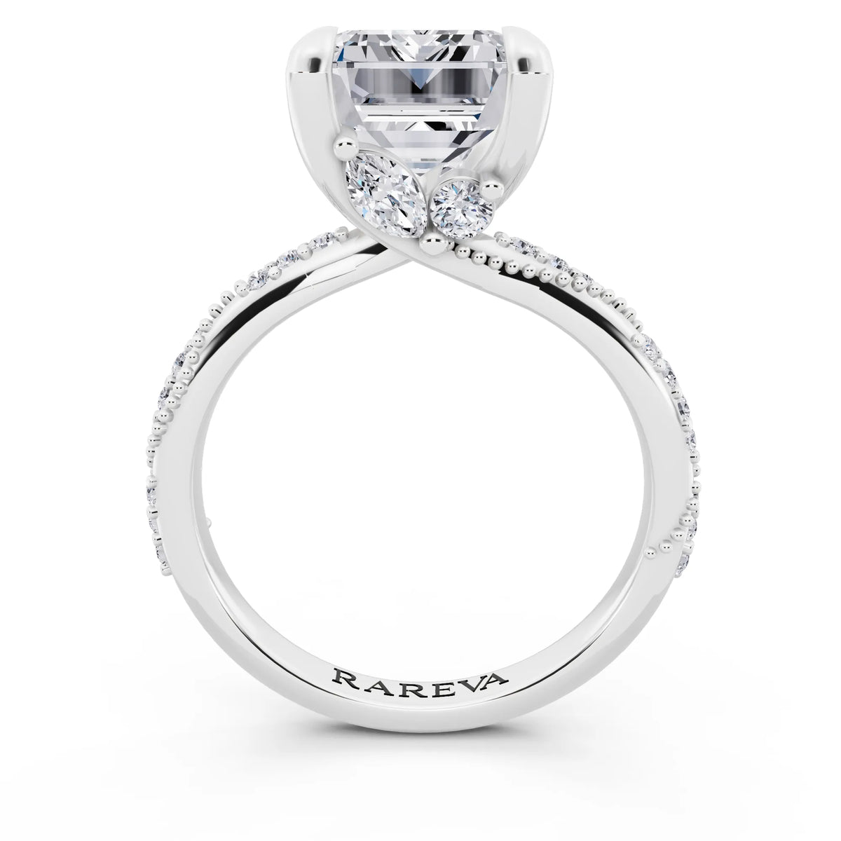 18 KT White Gold Emerald Cut Diamond Ring with Marquise Accent - through finger