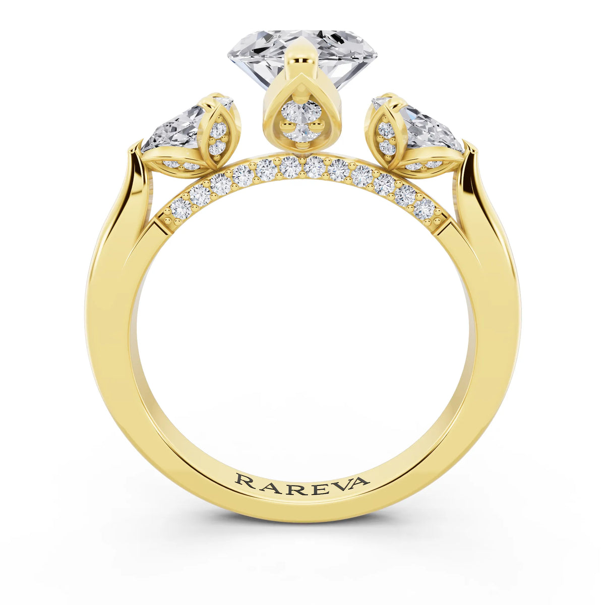 14 KT Yellow Gold Marquise Cut Diamond Cluster Engagement Ring with Pear Accents and Pavé Band - through finger