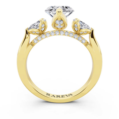14 KT Yellow Gold Marquise Cut Diamond Cluster Engagement Ring with Pear Accents and Pavé Band - through finger