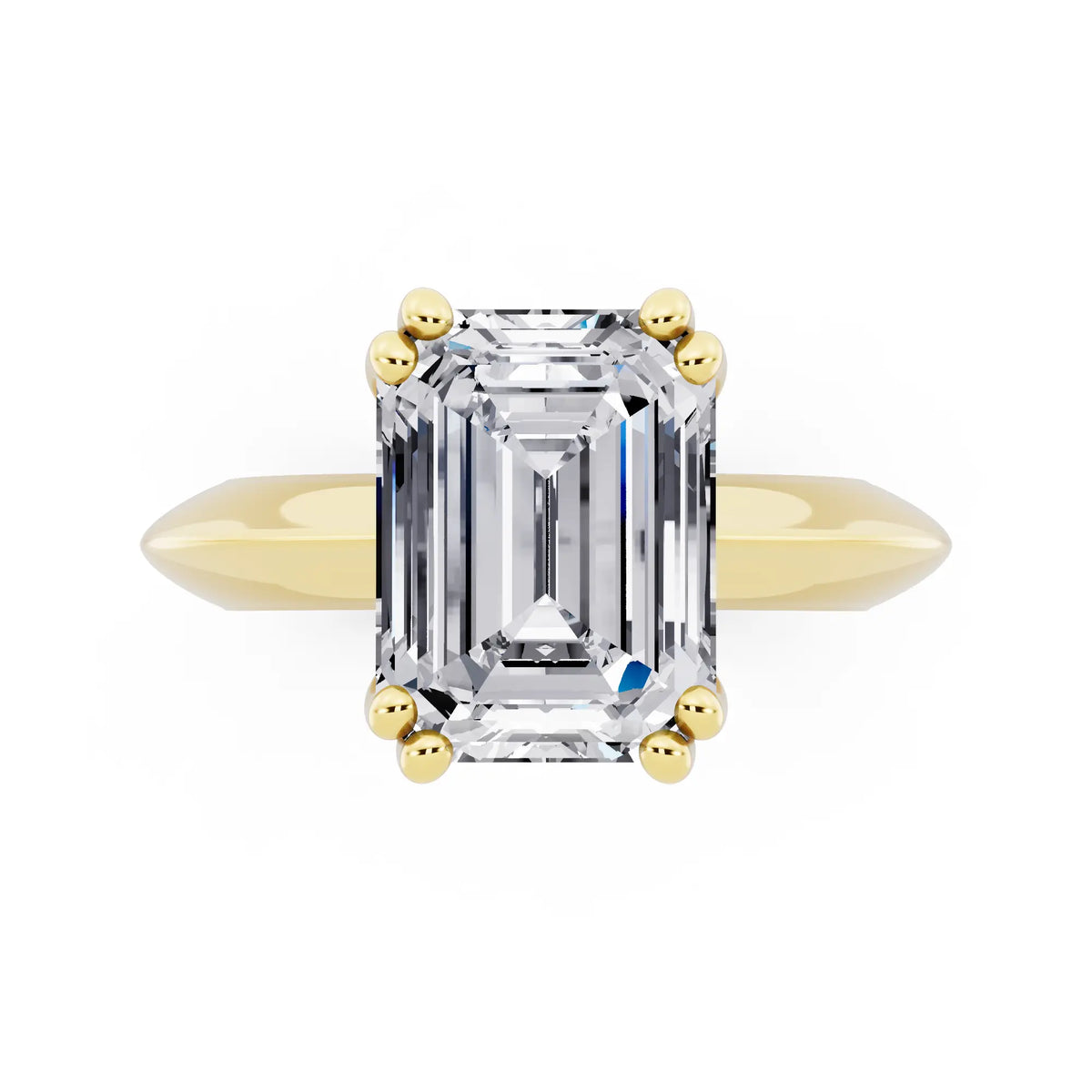 18 KT Yellow Gold Emerald Cut Diamond Solitaire Ring with Knife Edge Band - top angle