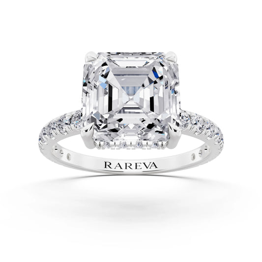 14 KT White Gold Asscher Cut Diamond Solitaire Ring with Hidden Halo and French Pave Band - front view