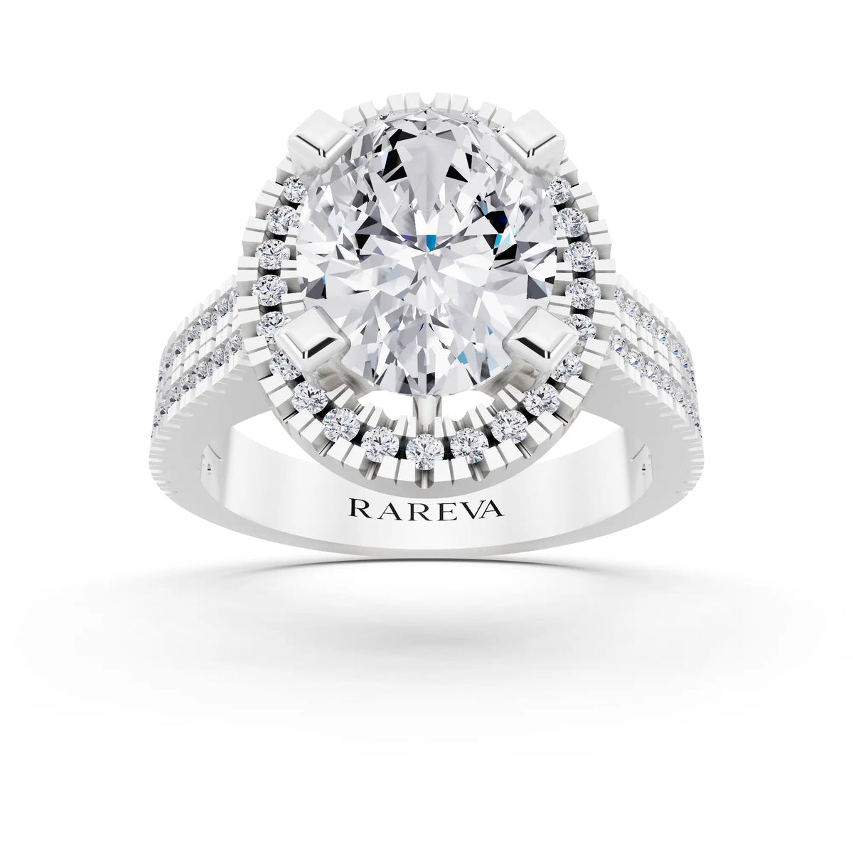 18 KT White Gold Oval Cut Diamond Halo Ring with Twin Pave Band - front view
