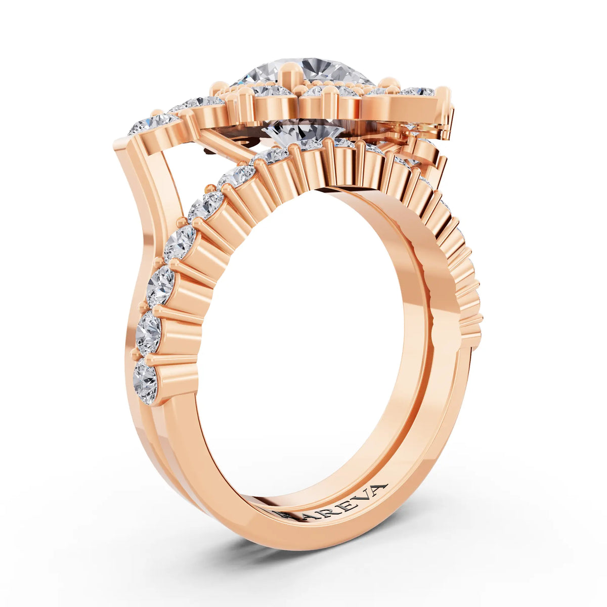 18 KT Rose Gold Round Cut Diamond Starburst Halo Ring - Top view