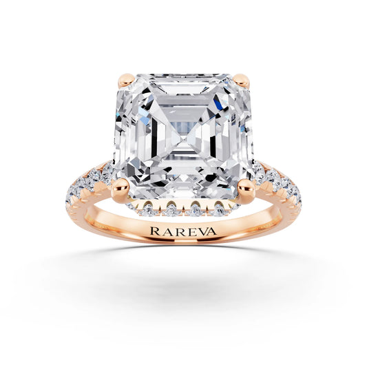 14 KT Rose Gold Asscher Cut Diamond Ring with Hidden Halo - front view