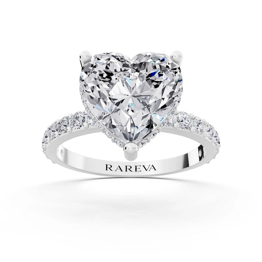14 KT White Gold Heart Cut Diamond Solitaire Ring with Hidden Halo and Pave Band - front view