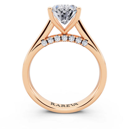 18 KT Rose Gold Oval Cut Diamond Solitaire Ring with Hidden Accent - through finger