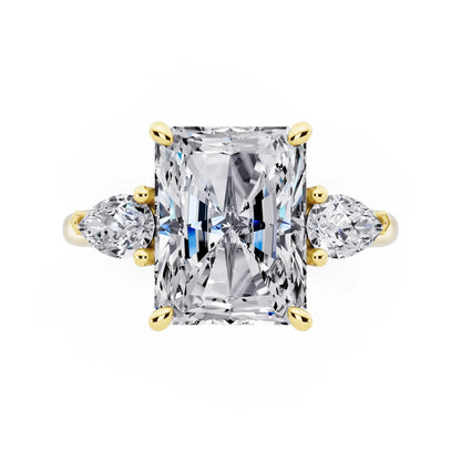 14 KT Yellow Gold Radiant Cut Diamond Three Stone Pear Accent Ring - top angle