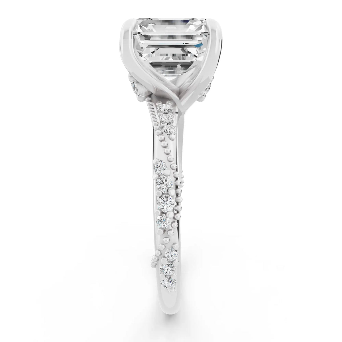 Platinum Asscher Cut Diamond Ring with Marquise Accent - side view