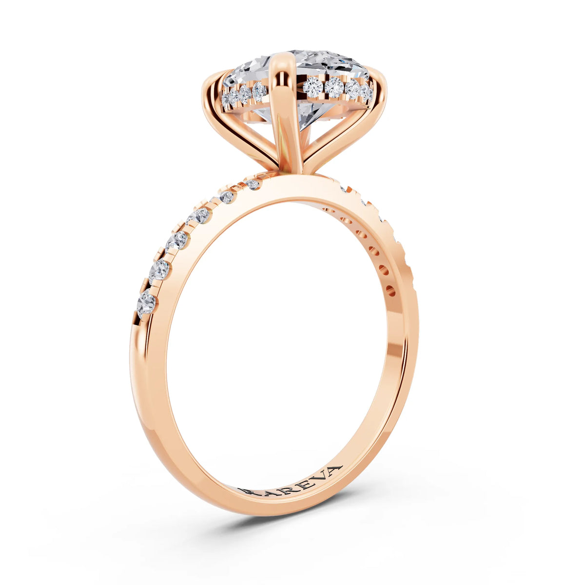 18 KT Rose Gold Oval Cut Diamond Solitaire Ring with Round Pavé Band and Prong Setting - top view