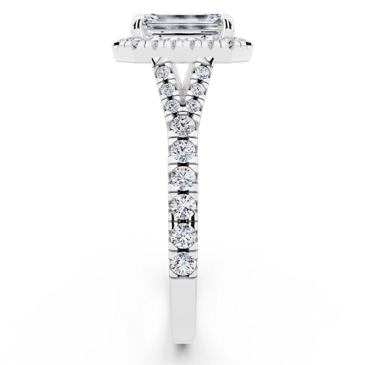 14 KT White Gold Emerald Cut Diamond Halo Ring with Split Shank - side view