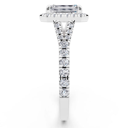 14 KT White Gold Emerald Cut Diamond Halo Ring with Split Shank - side view
