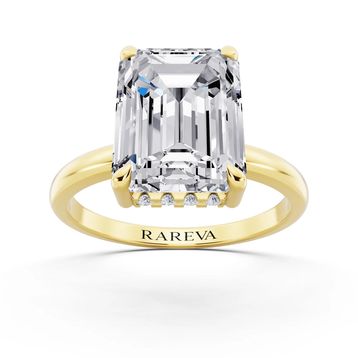 18 KT Yellow Gold Emerald Cut Diamond Solitaire Ring with Hidden Halo - front view