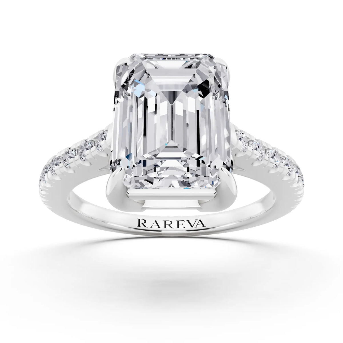 14 KT White Gold Emerald Cut Diamond Claw Prong Solitaire Ring with French Pave Band - front view