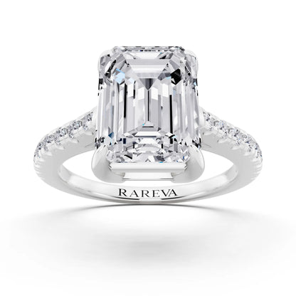 14 KT White Gold Emerald Cut Diamond Claw Prong Solitaire Ring with French Pave Band - front view