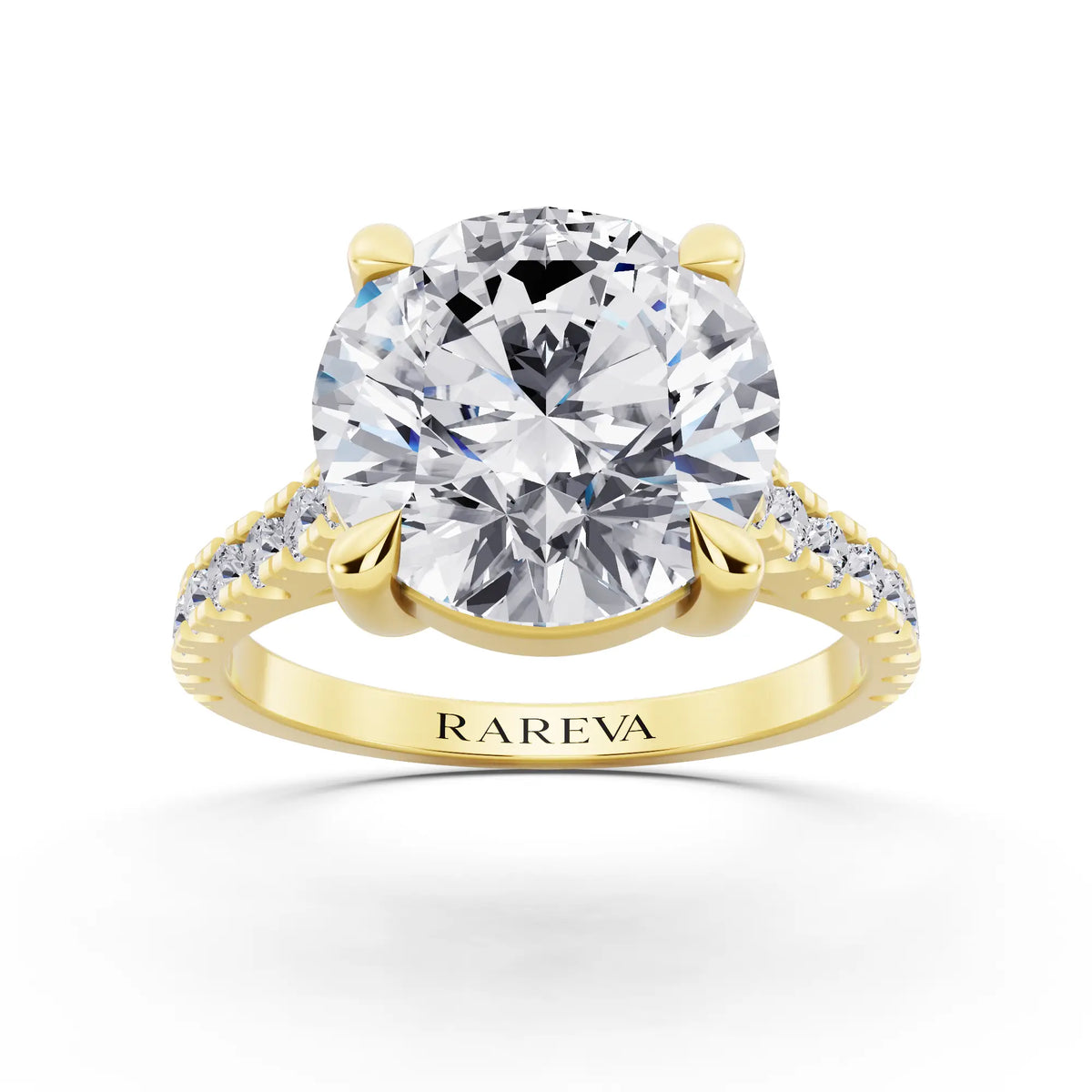 18 KT Yellow Gold Round Cut Diamond Solitaire Ring with Pave Band - Front