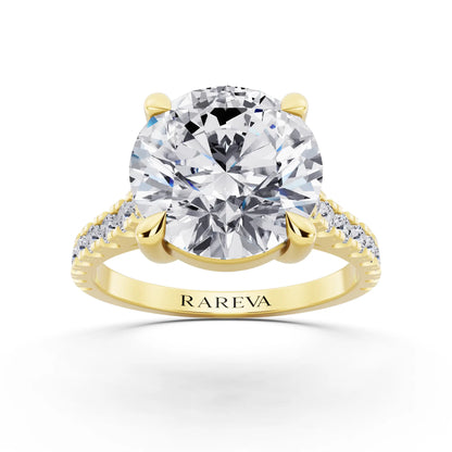 18 KT Yellow Gold Round Cut Diamond Solitaire Ring with Pave Band - Front