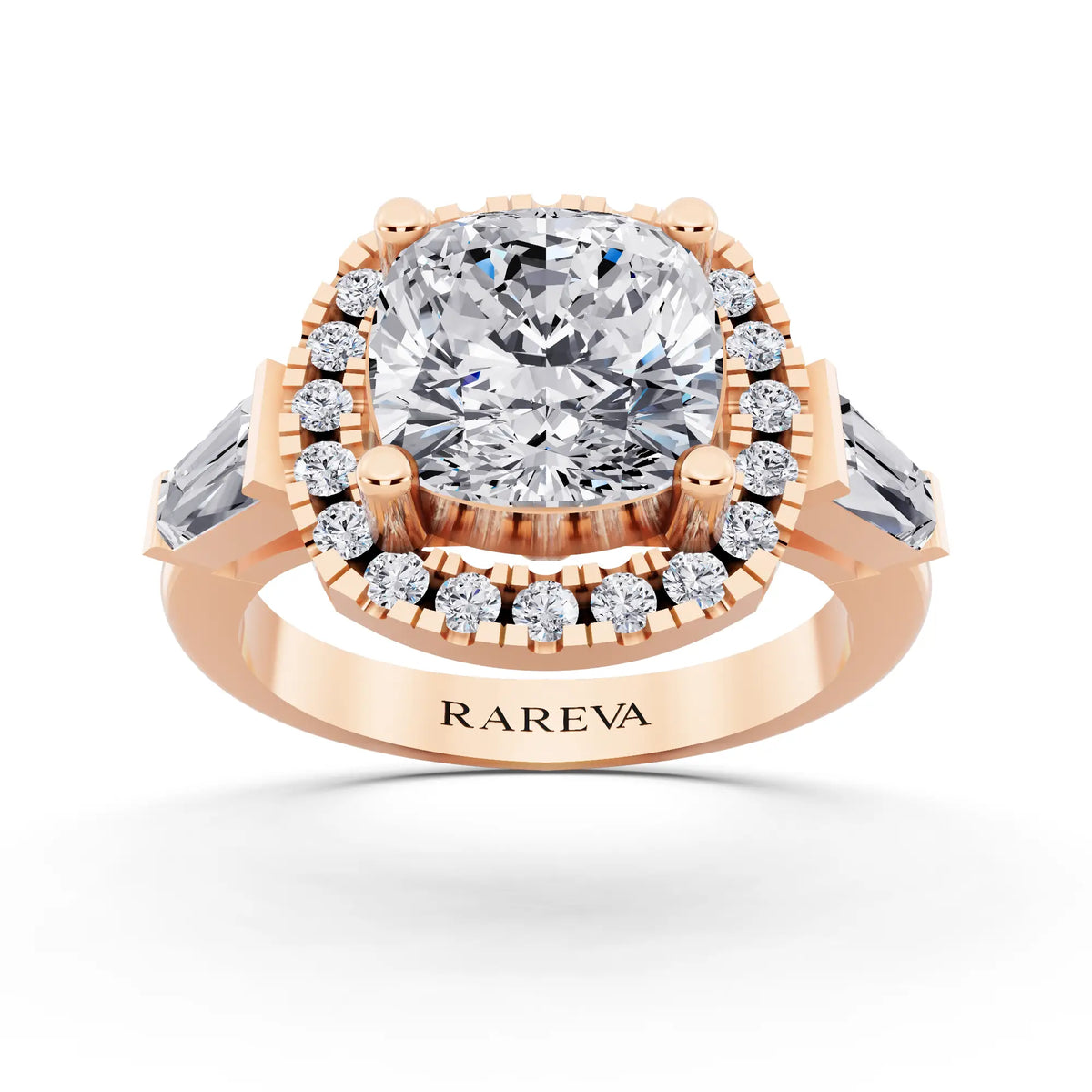 14 KT Rose Gold Cushion Cut Diamond Halo Ring with Baguette Accents - front view
