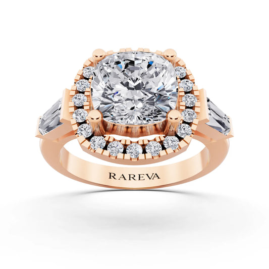 14 KT Rose Gold Cushion Cut Diamond Halo Ring with Baguette Accents - front view