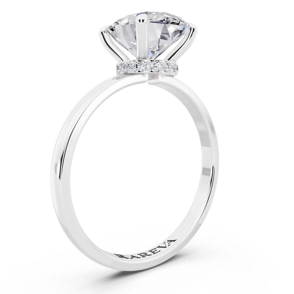 18 KT White Gold Oval Cut Diamond Solitaire Ring with Pave Collar - top view