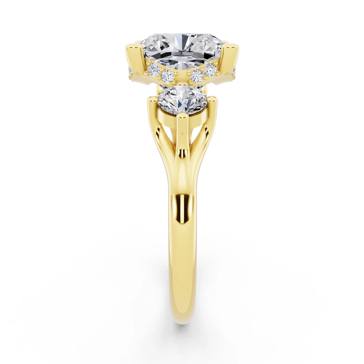 14 KT Yellow Gold Cushion Cut Diamond Three Stone Engagement Ring with Hidden Halo - side view