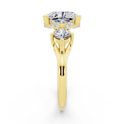 14 KT Yellow Gold Cushion Cut Diamond Three Stone Engagement Ring with Hidden Halo - side view