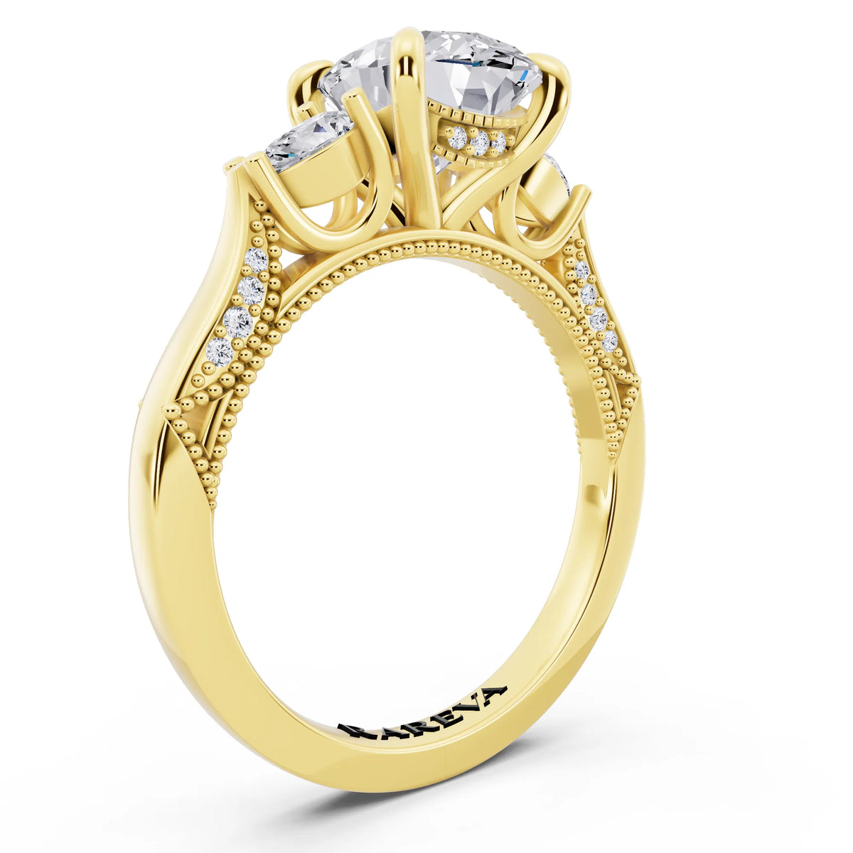 14 KT Yellow Gold Oval Cut Diamond Three Stone Pear Accent Vintage Pave Ring - top view
