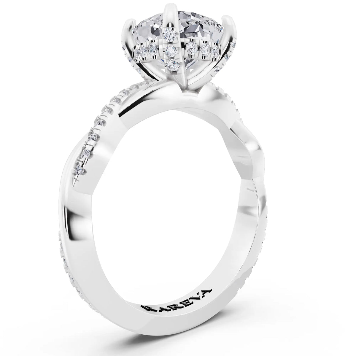 Platinum Cushion Cut Diamond Hidden Halo Ring with Twisted Pave Band - top view