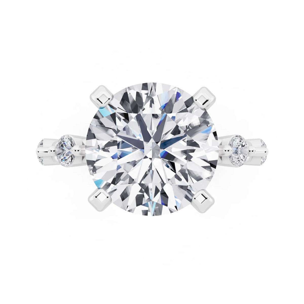 18 KT White Gold Round Cut Diamond Solitaire Ring with Floating Diamond Accents - top angle