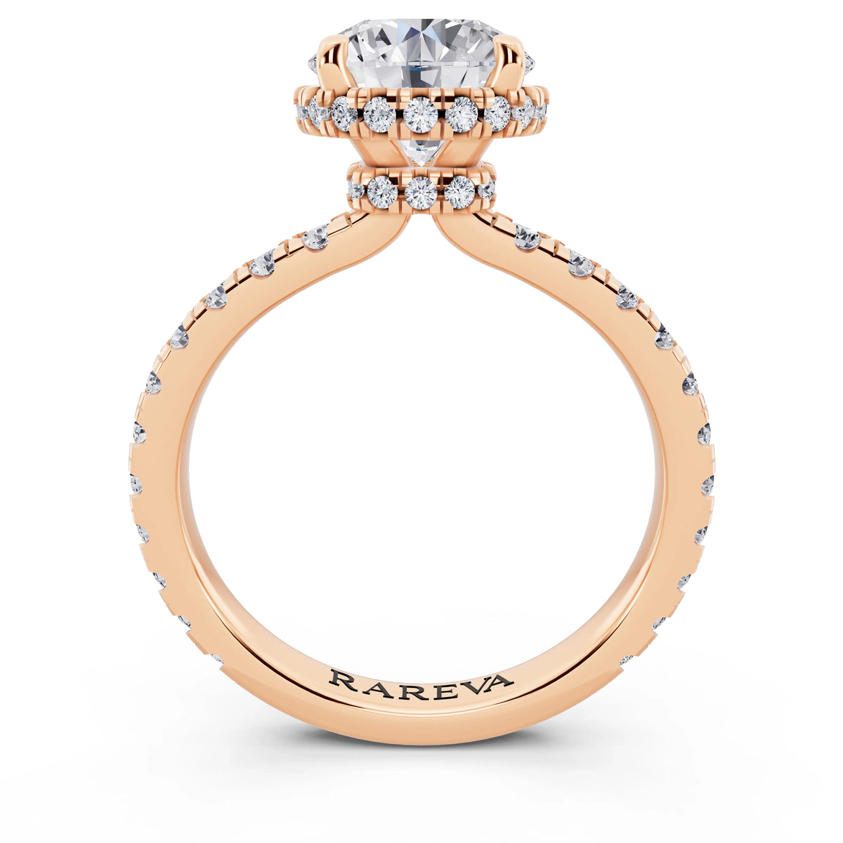 14 KT Rose Gold Round Cut Diamond Hidden Halo Ring with Pave Band - through finger
