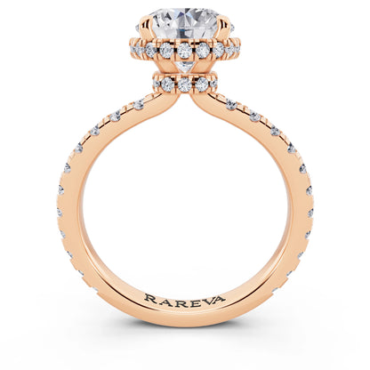 14 KT Rose Gold Round Cut Diamond Hidden Halo Ring with Pave Band - through finger