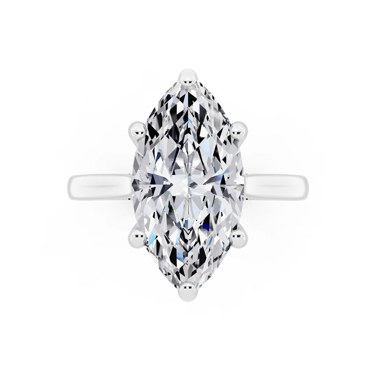18 KT White Gold Marquise Cut Diamond Solitaire Ring with Cathedral Band - top angle